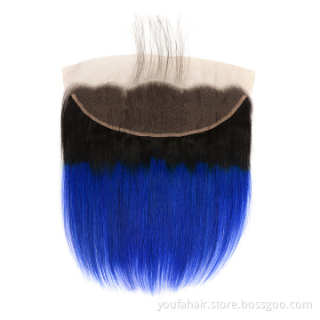 Ombre Colored 1B Blue Pre Plucked Straight Wave Lace Frontal 13x4 with Baby Hair 4x4 2x6 13x6 Human Virgin Hair Closure Frontal